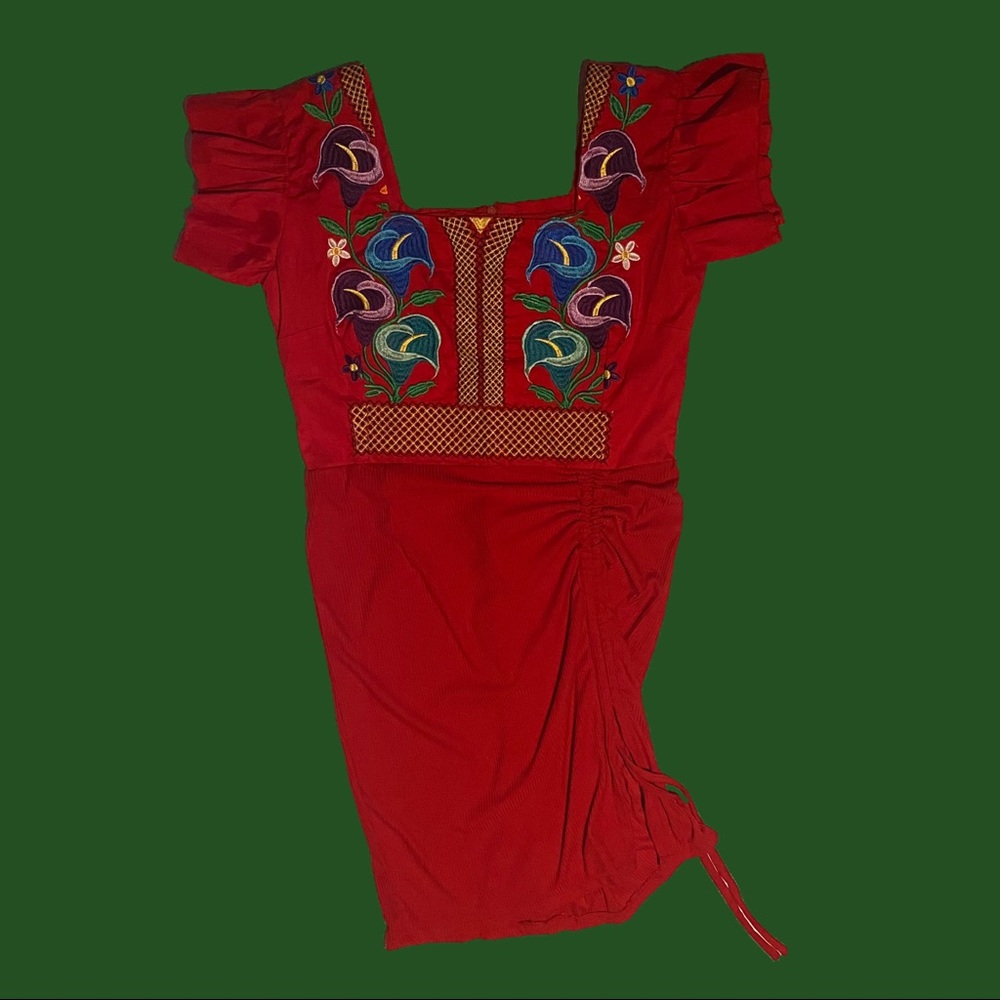 Mexican Style multicolored embroidered short ruffled sleeved red dress Handmade